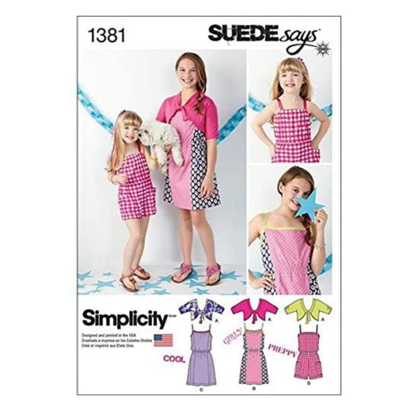 Simplicity SUEDE Says Pattern 1381 Girls Dress, Romper and Knit Cardigan Sizes 7-8-10-12-14